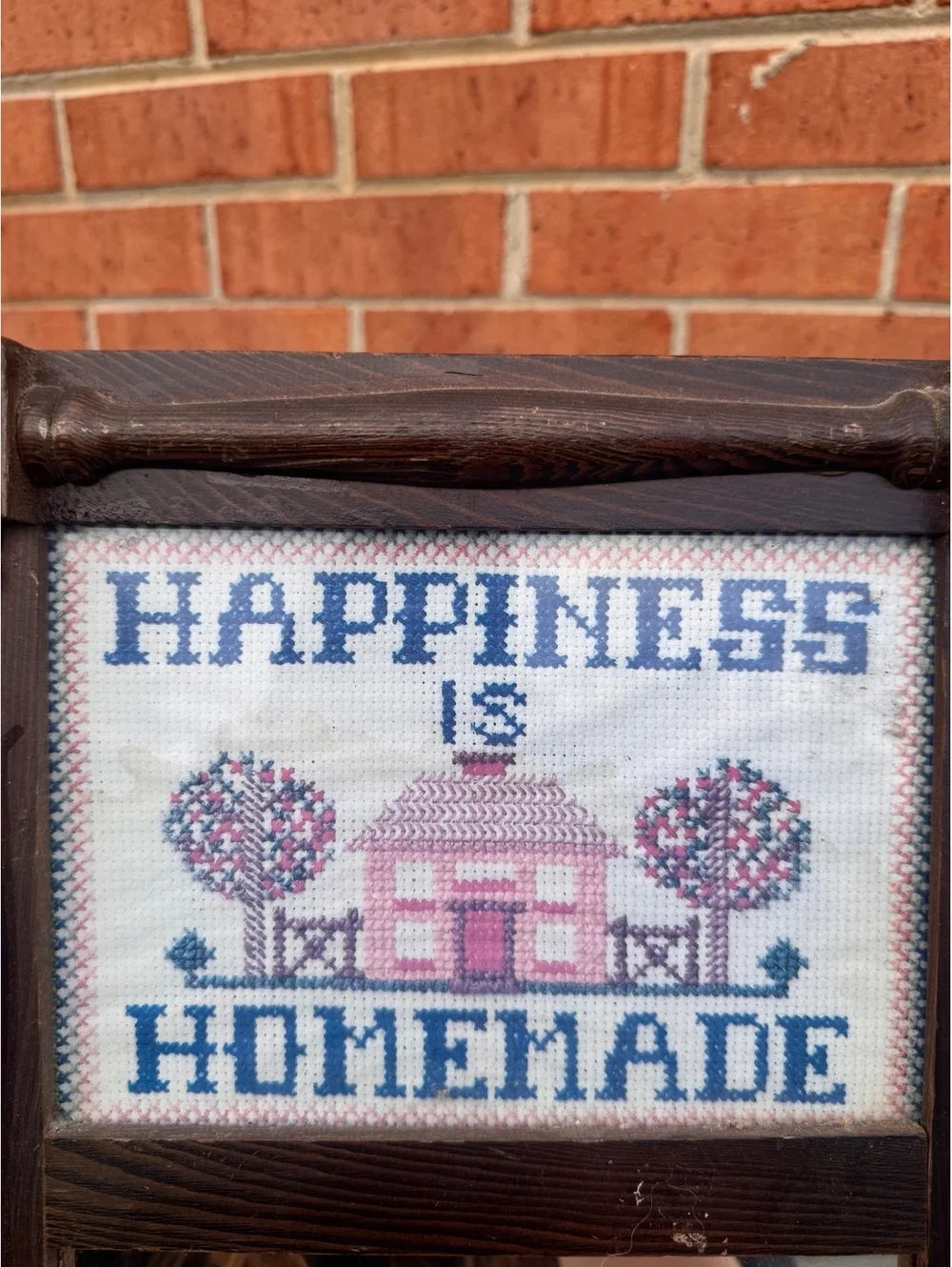 Vintage Wooden Wall Mirror with 'Happiness is Homemade' Embroidery